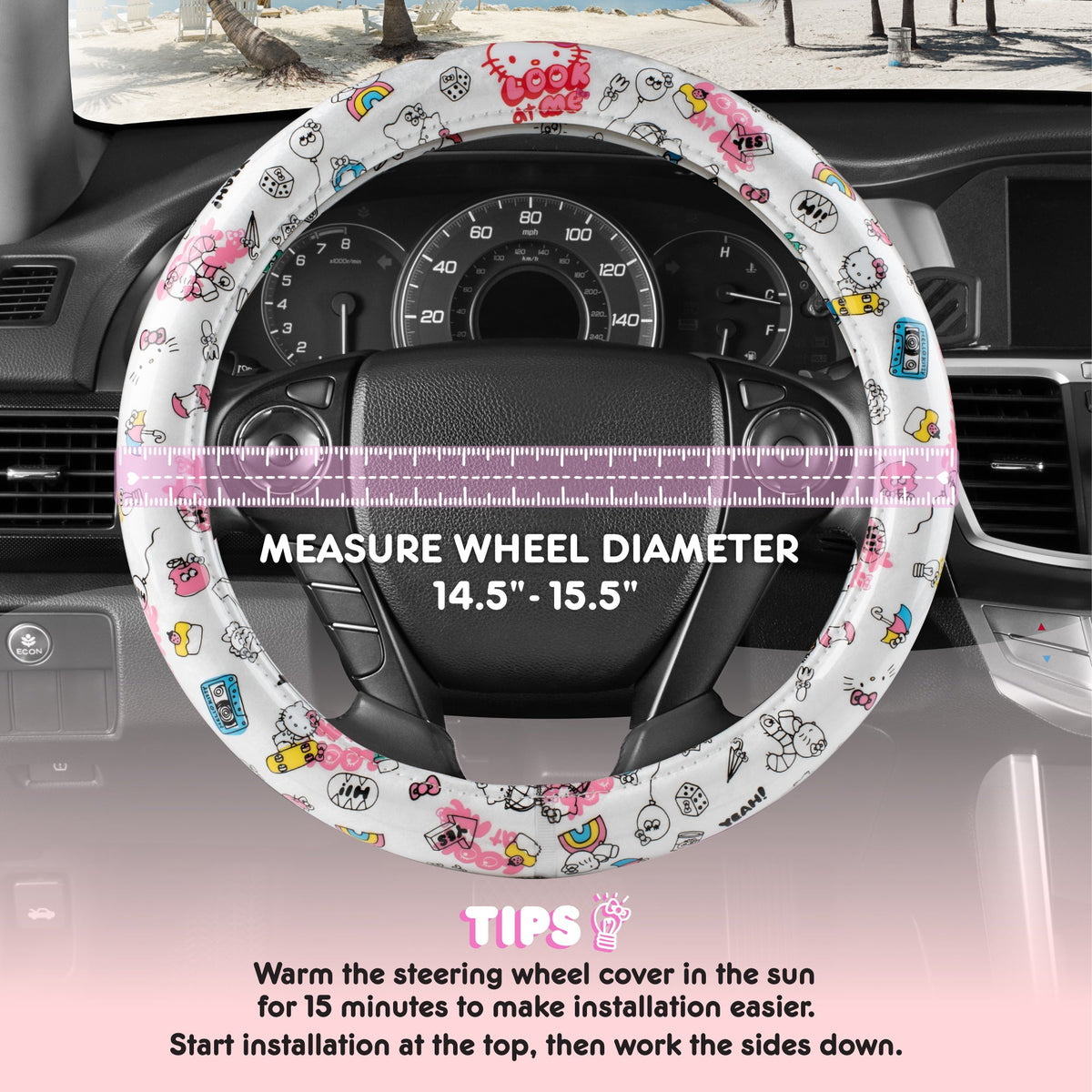 Hello Kitty Steering Wheel Cover, Official Sanrio Car Steering Wheel Cover with Universal Size 14.5 - 15.5, Cute White Steering Wheel Cover for