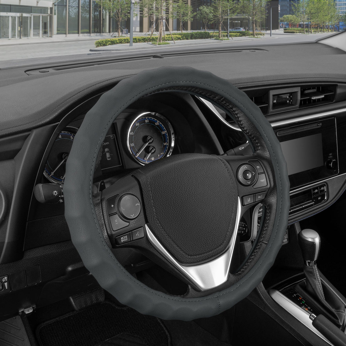 BDK Genuine Leather Ergonomic Non-Slip Grip Steering Wheel Cover (Fits 14.5" - 15.5")