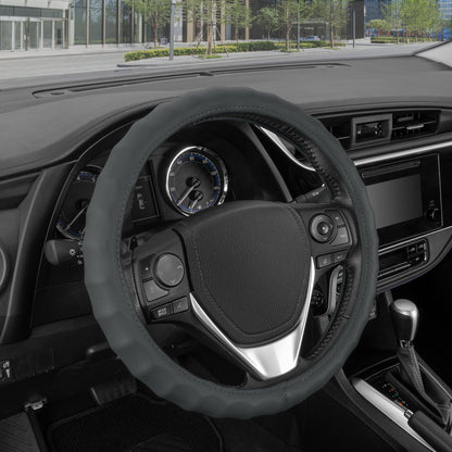 BDK Genuine Leather Ergonomic Non-Slip Grip Steering Wheel Cover (Fits 14.5" - 15.5")