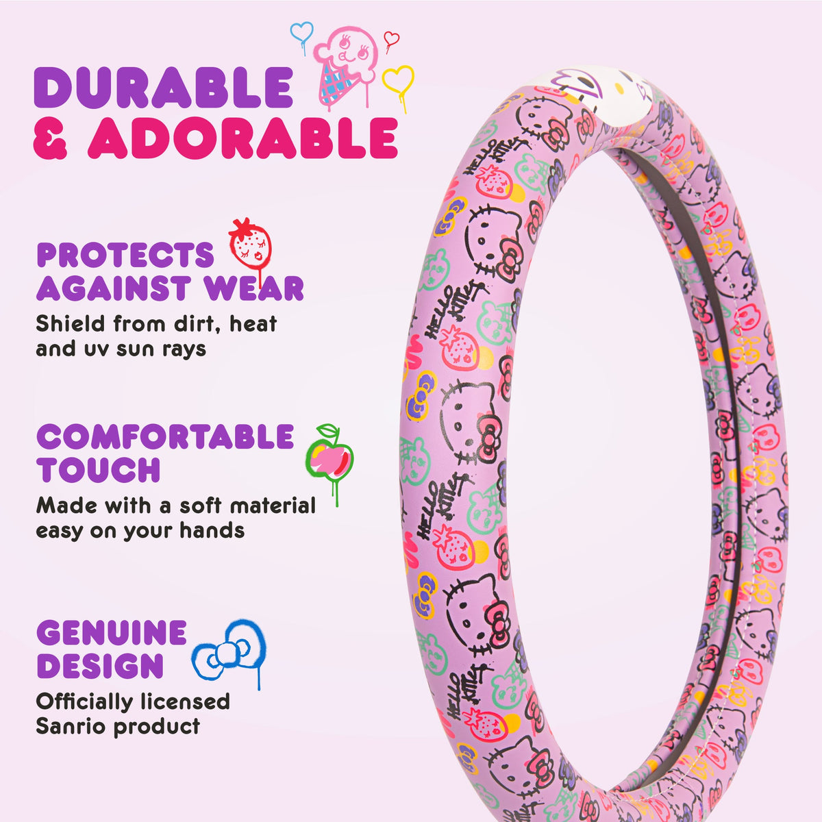 Hello Kitty Steering Wheel Cover, Official Sanrio Car Steering Wheel Cover with Universal Size 14.5 - 15, Cute Steering Wheel Cover for Women