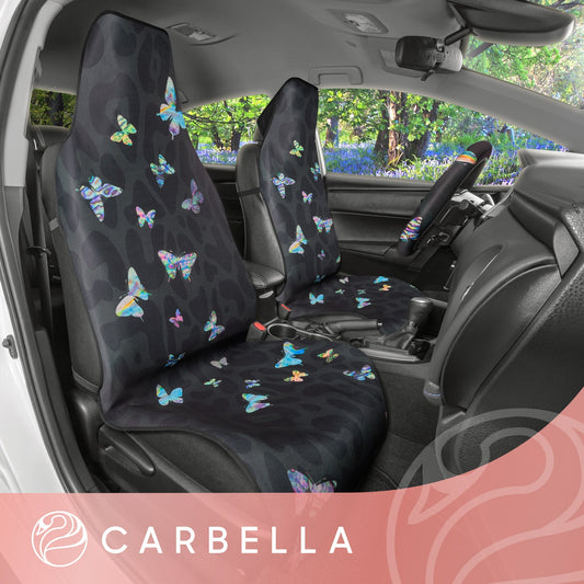 Product image: Carbella 3-Piece Colorful Butterflies with Black Leopard Background Front Seat Covers and Steering Wheel | JiangCarGear