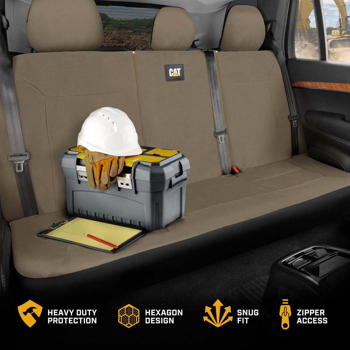 CAT Beige Rear Seat Cover for Trucks, Cars & SUVs – Heavy-Duty Oxford Canvas – 60/40 Split Bench Protector – Durable Back Seat Cover for Work