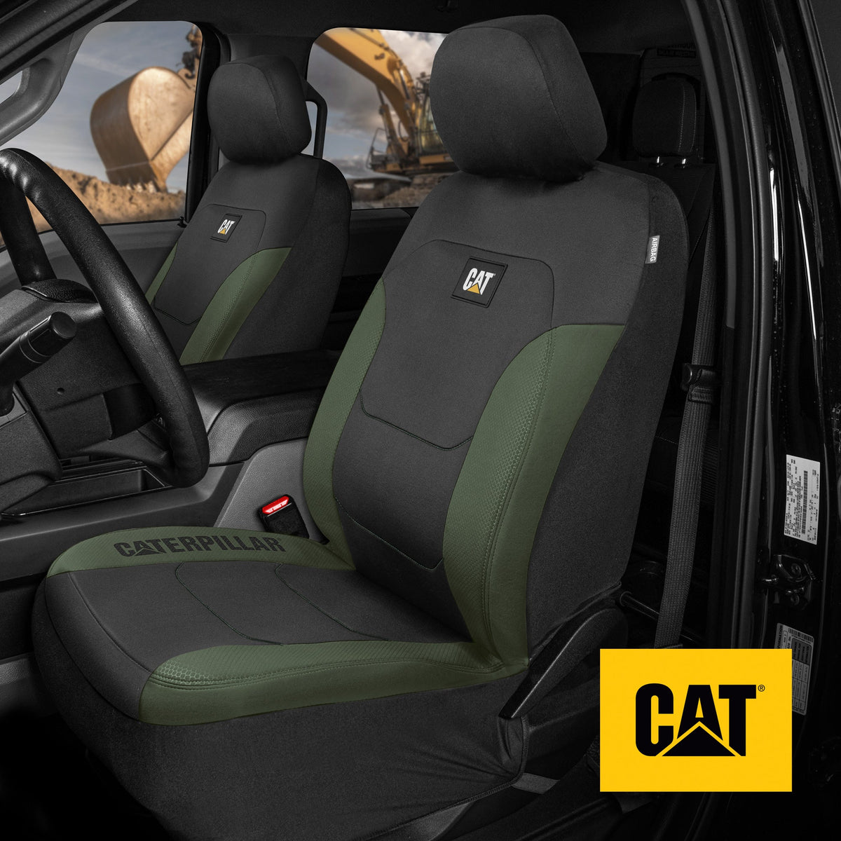 CAT Black & Green Car Seat Covers Full Set – Front Seat Covers & Rear Bench Seat Cover – Airbag Compatible, 60/40 Split Bench for Trucks, Cars &
