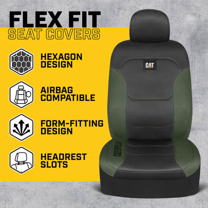 CAT Black & Green Car Seat Covers Full Set – Front Seat Covers & Rear Bench Seat Cover – Airbag Compatible, 60/40 Split Bench for Trucks, Cars &