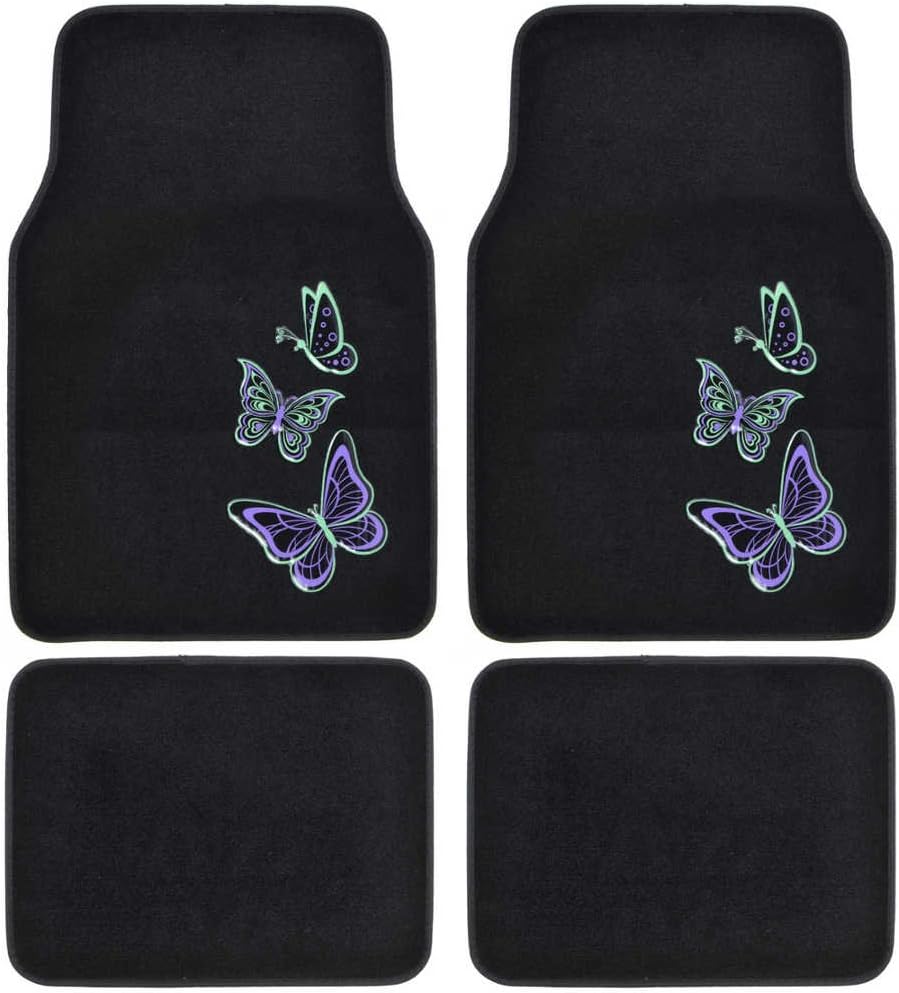 BDK Design Patch Carpet Front Floor Mats and Rear Floor Mats - Neon Butterflies Mats