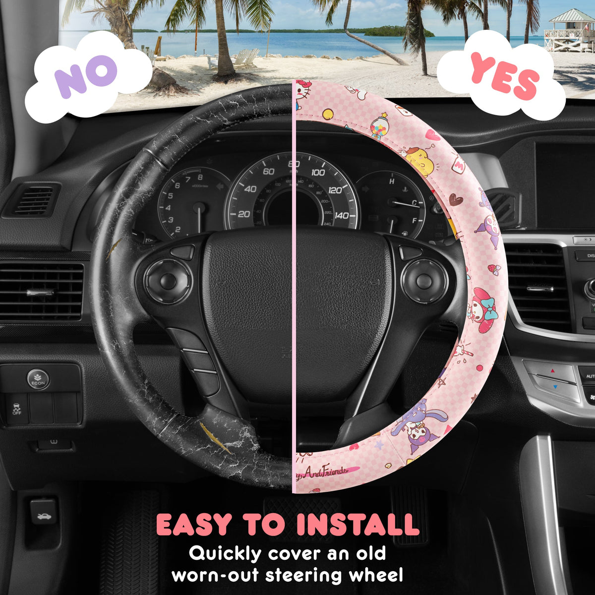 Hello Kitty and Friends Steering Wheel Cover, Universal Fit Cute Accessories for Women, Stylish Decor Gift Hello Accessories - Fits Standard