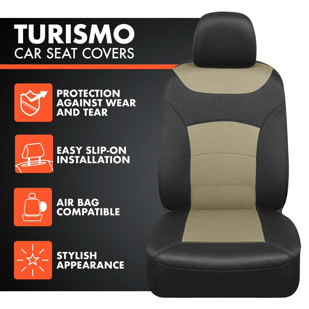 BDK carXS Turismo Car Seat Covers Full Set, Beige Two-Tone Front Seat Covers with Split Rear Bench Back Seat Cover, Automotive Seat Covers for