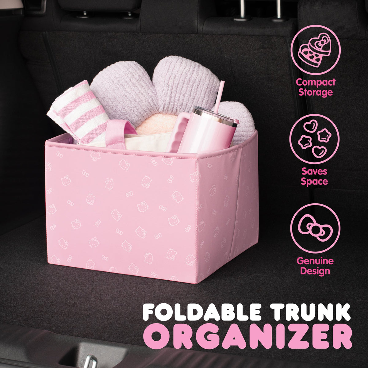 Sanrio Hello Kitty Car Trunk Organizer and Storage Bin - Collapsible Simple Compartment Convenient Heavy Duty, Fold Up for Easy Storage Box