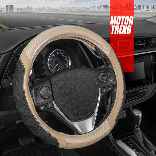 Motor Trend UltraSport Carbon Fiber Steering Wheel Cover, Standard 15 inch Size, Black Faux Leather Comfort Grip, Car Steering Wheel Cover for