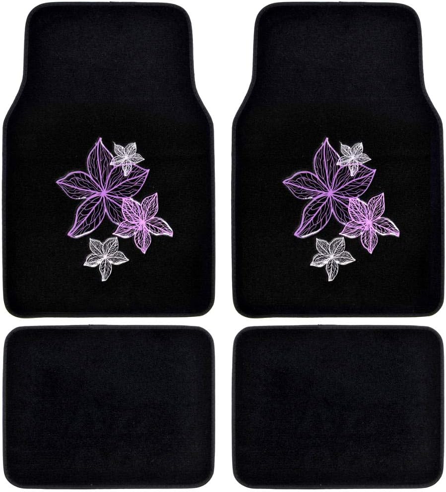 BDK Design Patch Carpet Front Floor Mats and Rear Floor Mats - Purple & White Flowers