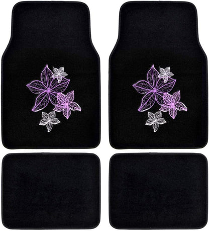 BDK Design Patch Carpet Front Floor Mats and Rear Floor Mats - Purple & White Flowers