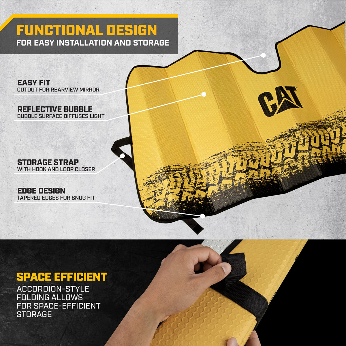 CAT Auto Shade for Cars & Trucks – Jumbo 65"x27" Accordion Folding Sunshade with Bold Yellow Tire Tracks Design – Heavy-Duty Windshield Cover for