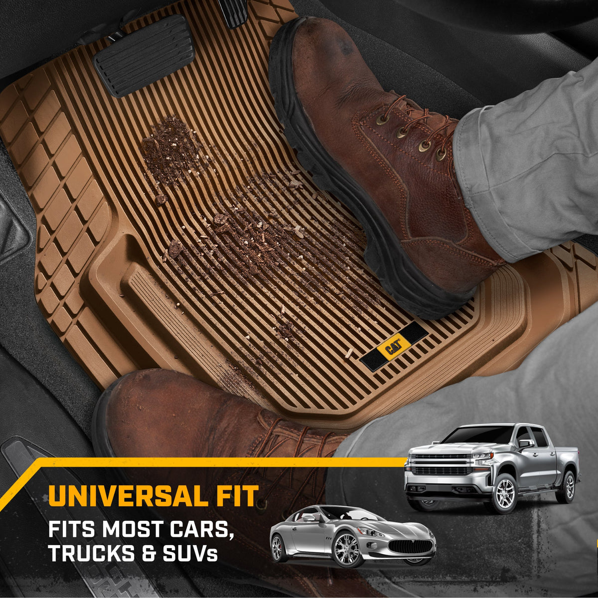 Cat® TerrainGuard™ Heavy-Duty 3-Piece All-Weather Rubber Floor Mats for Car, Truck, SUV, Van - Trim-to-Fit Deep Dish Automotive Floor Liners