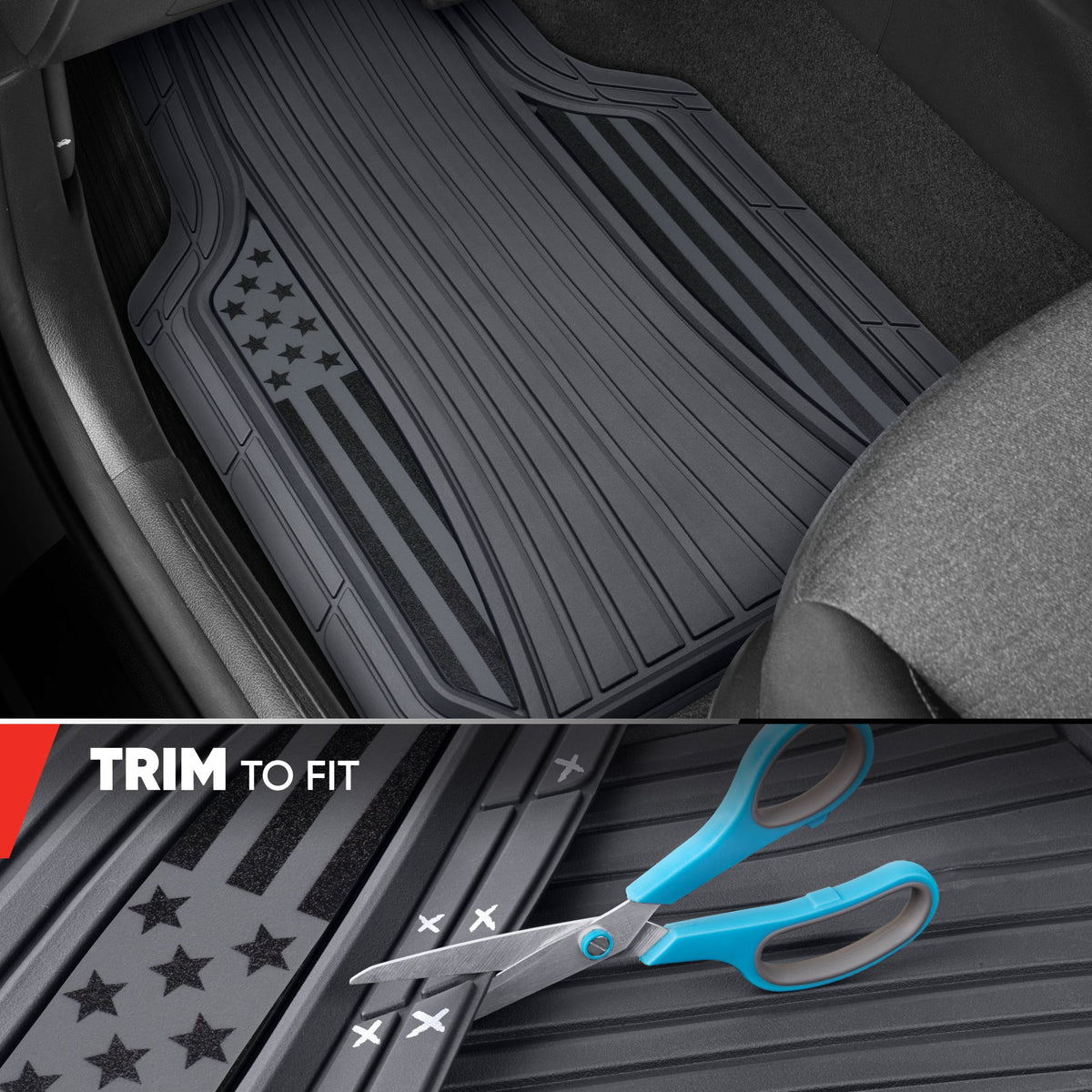 Motor Trend Flag Car Floor Mats Full Set - Durable Gray Rubber Floor Mats for Cars with Two Tone Accent, All Weather Interior