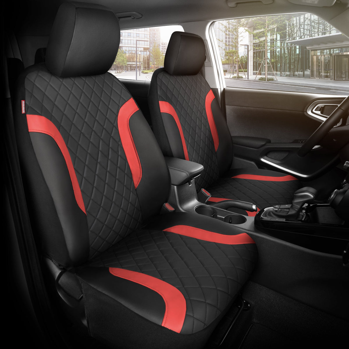 Motor Trend Faux Leather Seat Covers For Trucks, Cars, & SUV - Front Black & Red Car Seat Cover Set - Universal Fit For Most Automotives - Forros