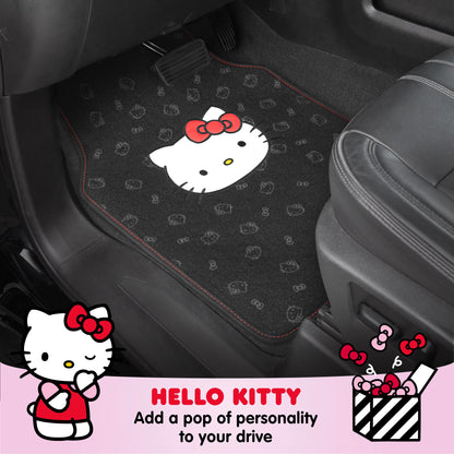 Hello Kitty Carpet Car Floor Mats - Universal Fit for Cars, SUVs & Trucks - Black with Red Bow & Hello Kitty Print - Front & Rear Set, 4 Piece