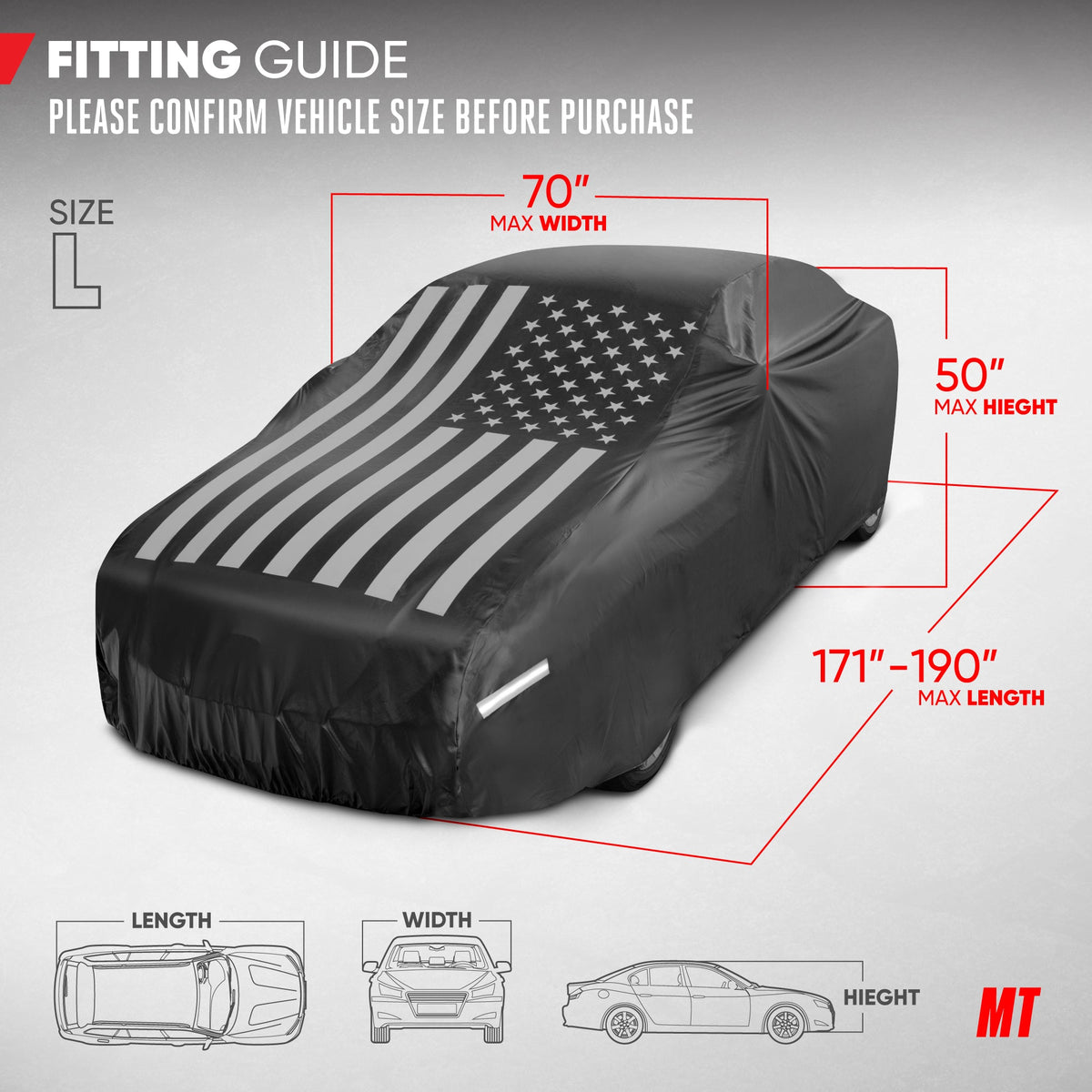 Motor Trend Black USA Flag Waterproof Car Cover - All Weather Outdoor Protection, UV Resistant, Windproof, Scratchproof - Semi-Universal Fit