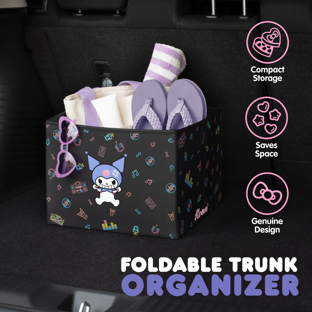 Sanrio Kuromi Car Trunk Organizer and Storage Bin - Collapsible Compartment, Heavy Duty, Fold Up for Easy Storage, Automotive Seat Cargo for