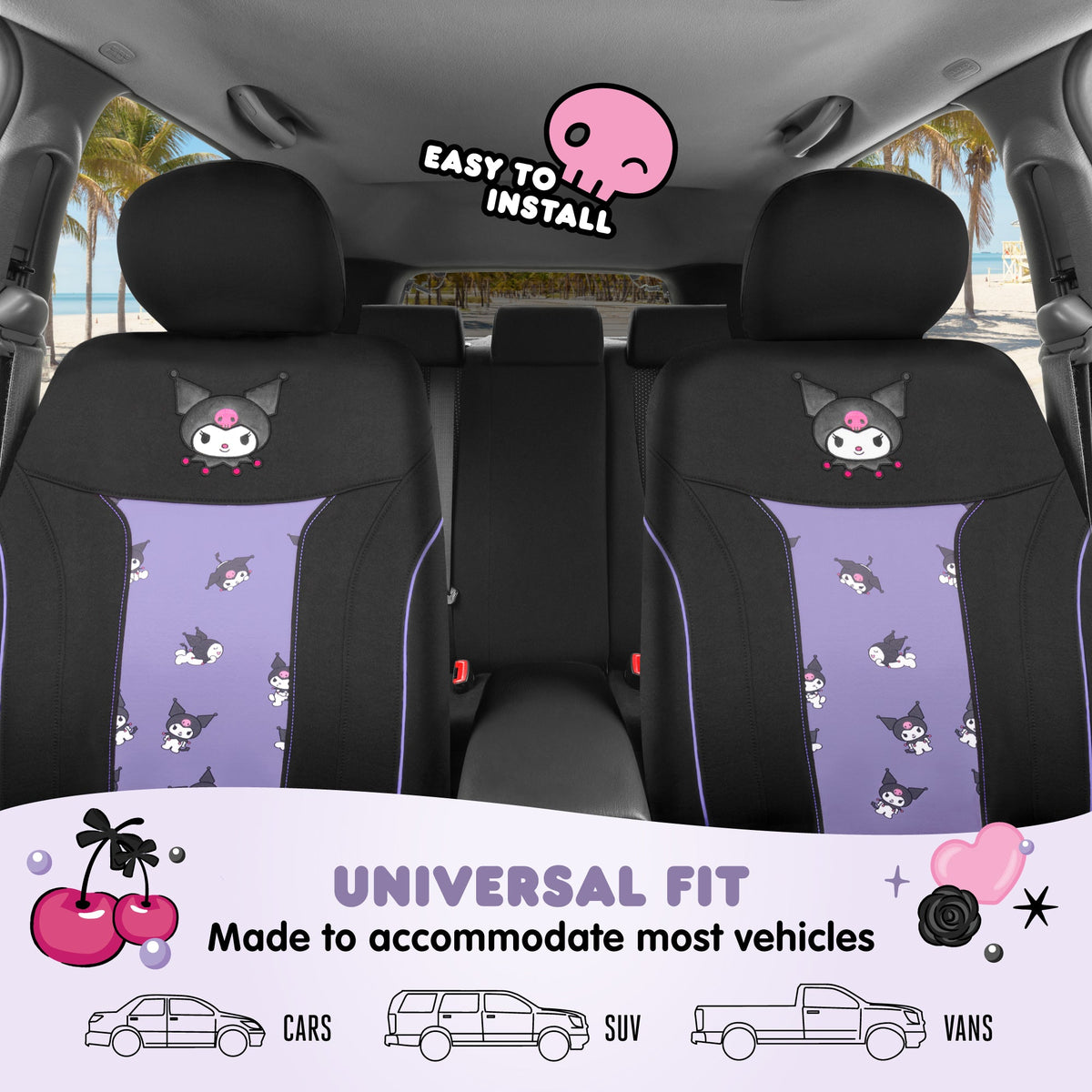 Hello Kitty Kuromi Car Seat Covers - Cute Black and Purple Front Seat Covers with Lavender Accents, Durable and Comfortable Polyester, Car