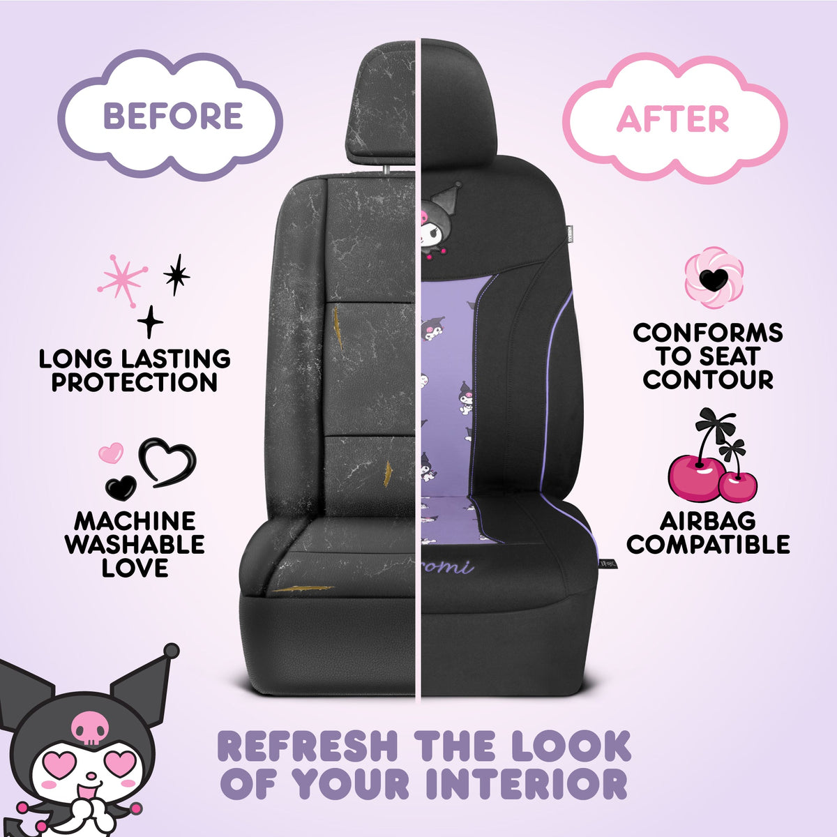 Hello Kitty Kuromi Car Seat Cover - Cute Black and Purple Front Seat Cover with Lavender Accents, Durable and Comfortable Polyester, Car