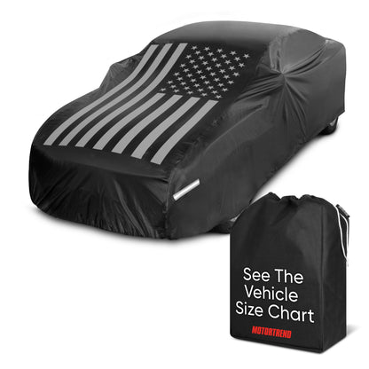 Motor Trend Black USA Flag Waterproof Car Cover - All Weather Outdoor Protection, UV Resistant, Windproof, Scratchproof - Semi-Universal Fit