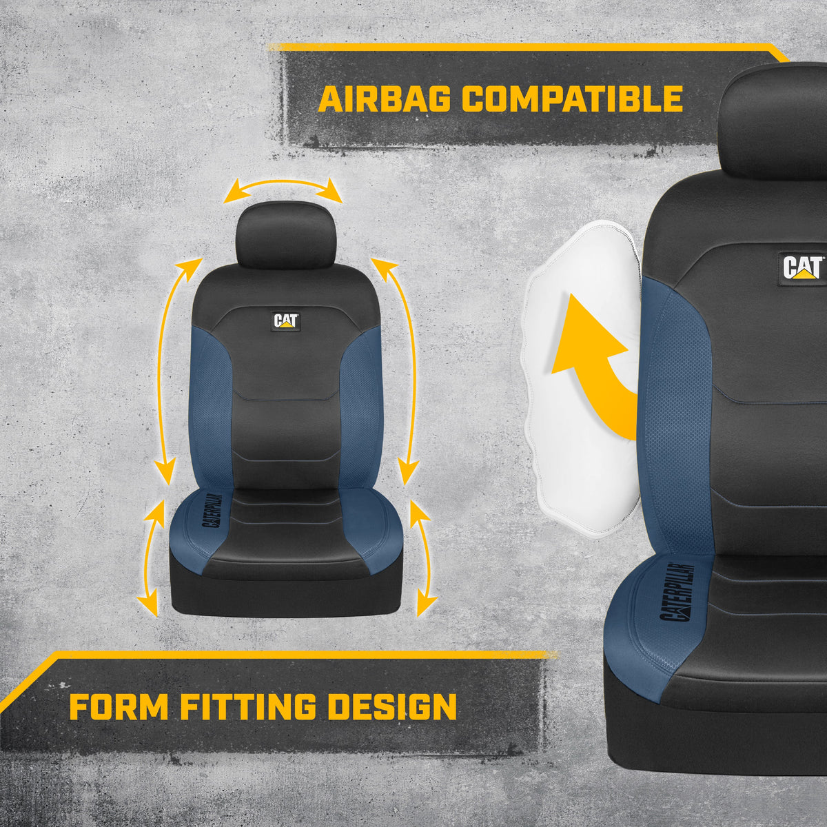 CAT Black & Blue Car Seat Covers Full Set – Front Seat Covers & Rear Bench Seat Cover – Airbag Compatible, 60/40 Split Bench for Trucks, Cars &