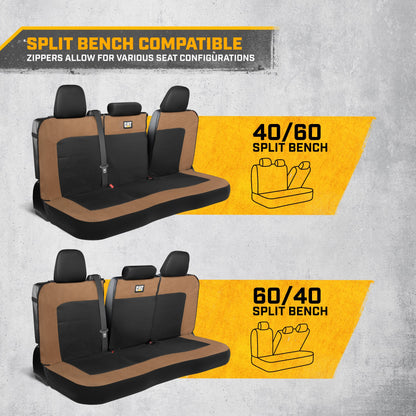 Cat Flexfit Beige & Black Rear Seat Cover for Car – Durable Canvas & Mesh Design 60/40 Split Bench Protector for Cars, Trucks & SUVs – Back Seat