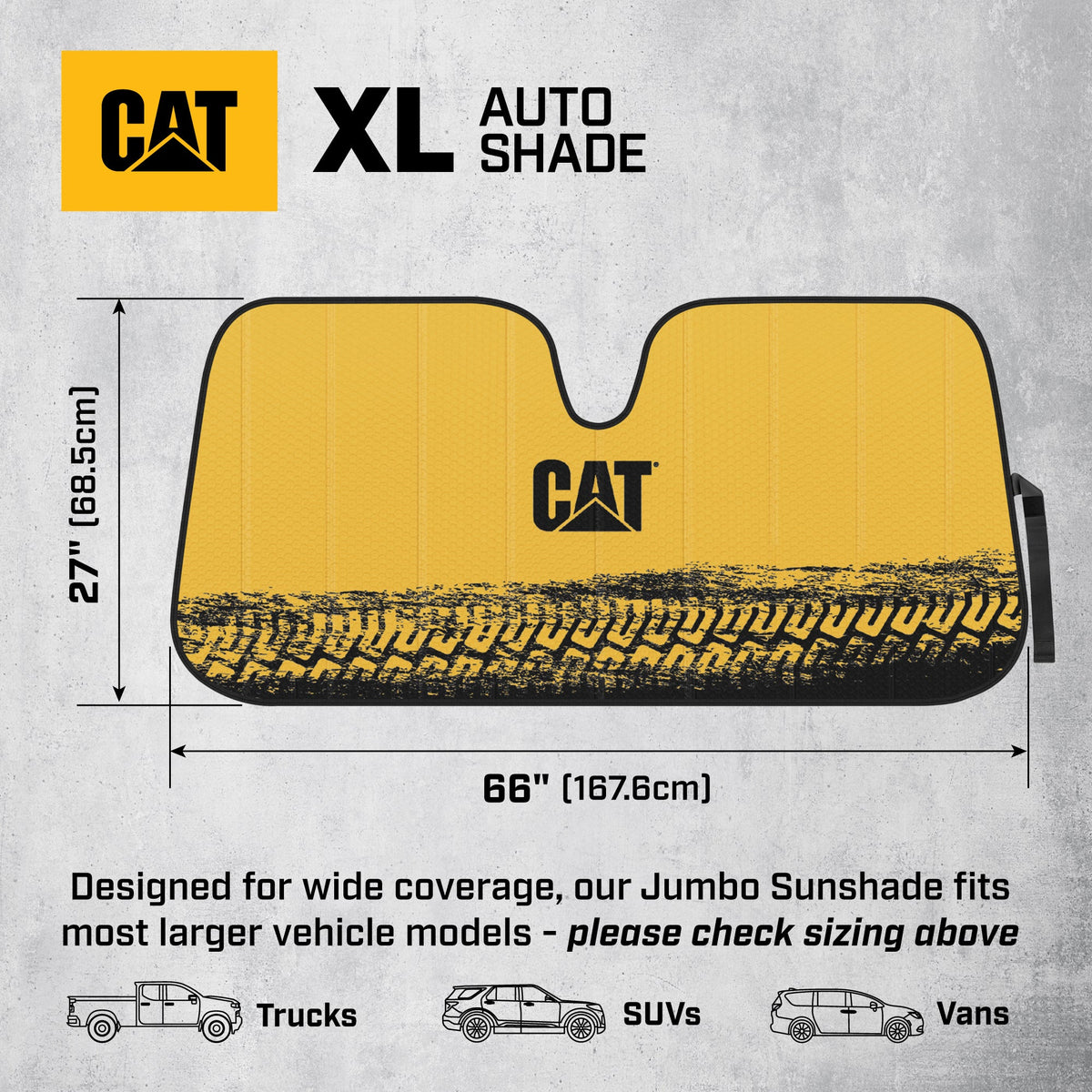 CAT Auto Shade for Cars & Trucks – Jumbo 65"x27" Accordion Folding Sunshade with Bold Yellow Tire Tracks Design – Heavy-Duty Windshield Cover for