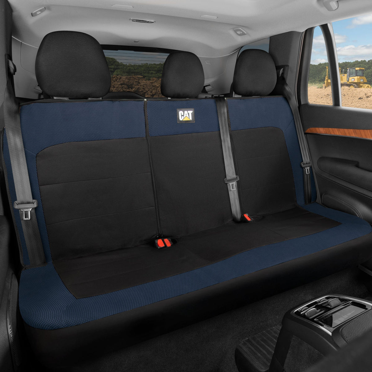 Cat Flexfit Blue & Black Rear Seat Cover for Car - Durable Canvas & Mesh Design 60/40 Split Bench Protector for Cars, Trucks & SUVs - Back Seat