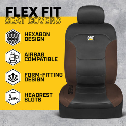 CAT Black & Brown Car Seat Covers Full Set – Front Seat Covers & Rear Bench Seat Cover – Airbag Compatible, 60/40 Split Bench for Trucks, Cars &
