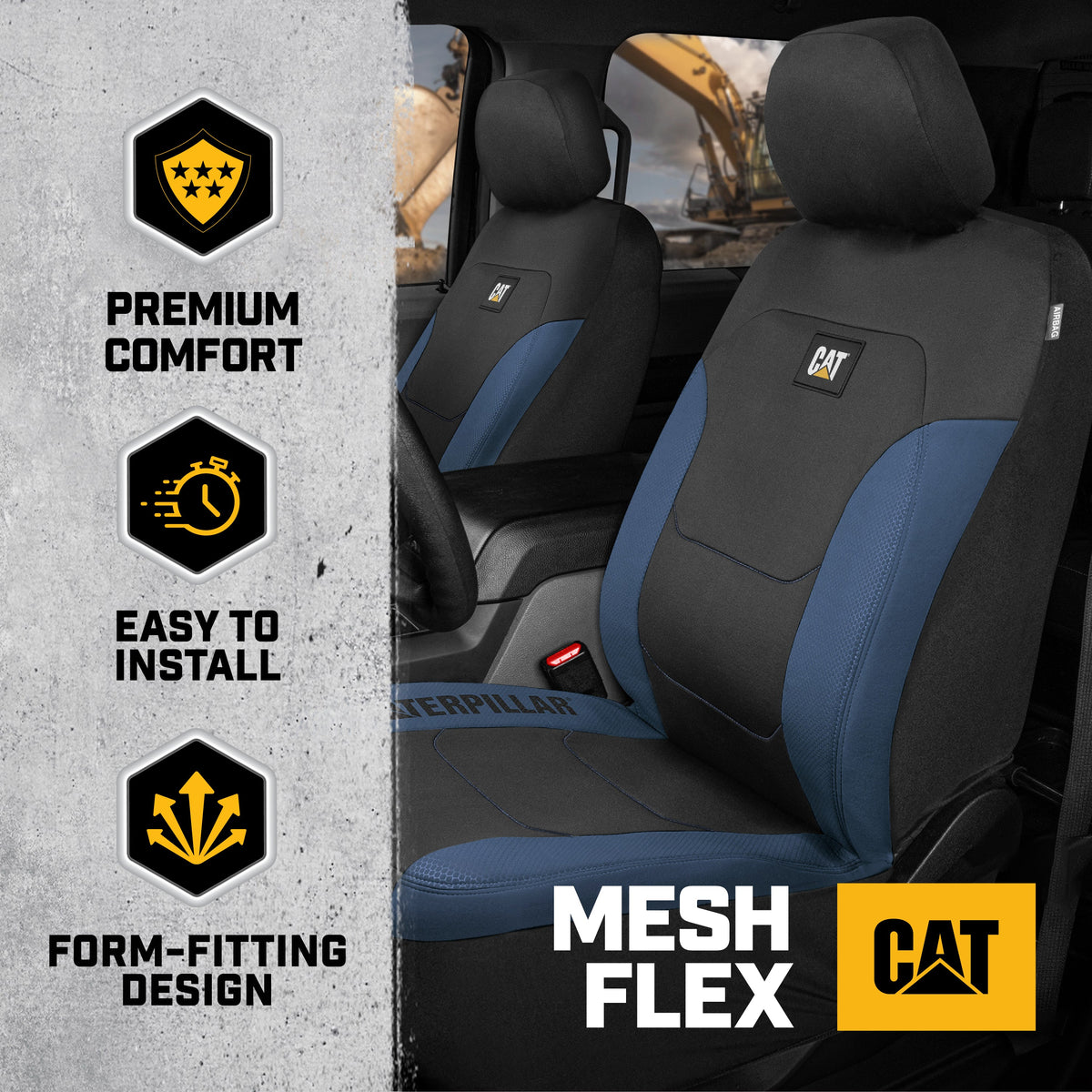 CAT FlexFit Black Blue Seat Covers for Cars, Trucks, & SUV - (2) Front Car Seat Cover Front Seat Protectors - Airbag Compatible Seat Covers for