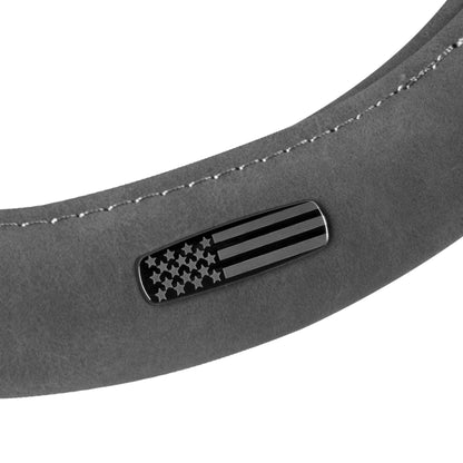 Cat® Honor Line Flux Leather Steering Wheel Cover w Metal Flag Emblem, Grey Leatherette, Standard 14.5–15.5 Inch, Non Slip Comfort, Car Steering