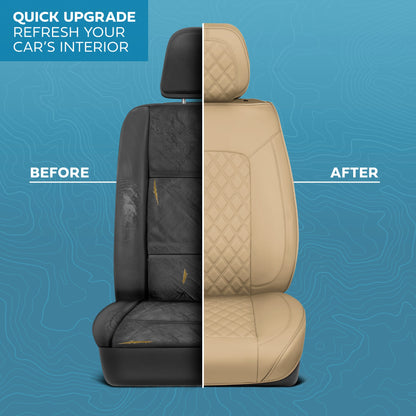 MotorBox Prestige Edition Faux Leather Seat Covers for Cars, Trucks, & SUV – 2 Beige Car Seat Covers for Front Seats - Universal Fit Car