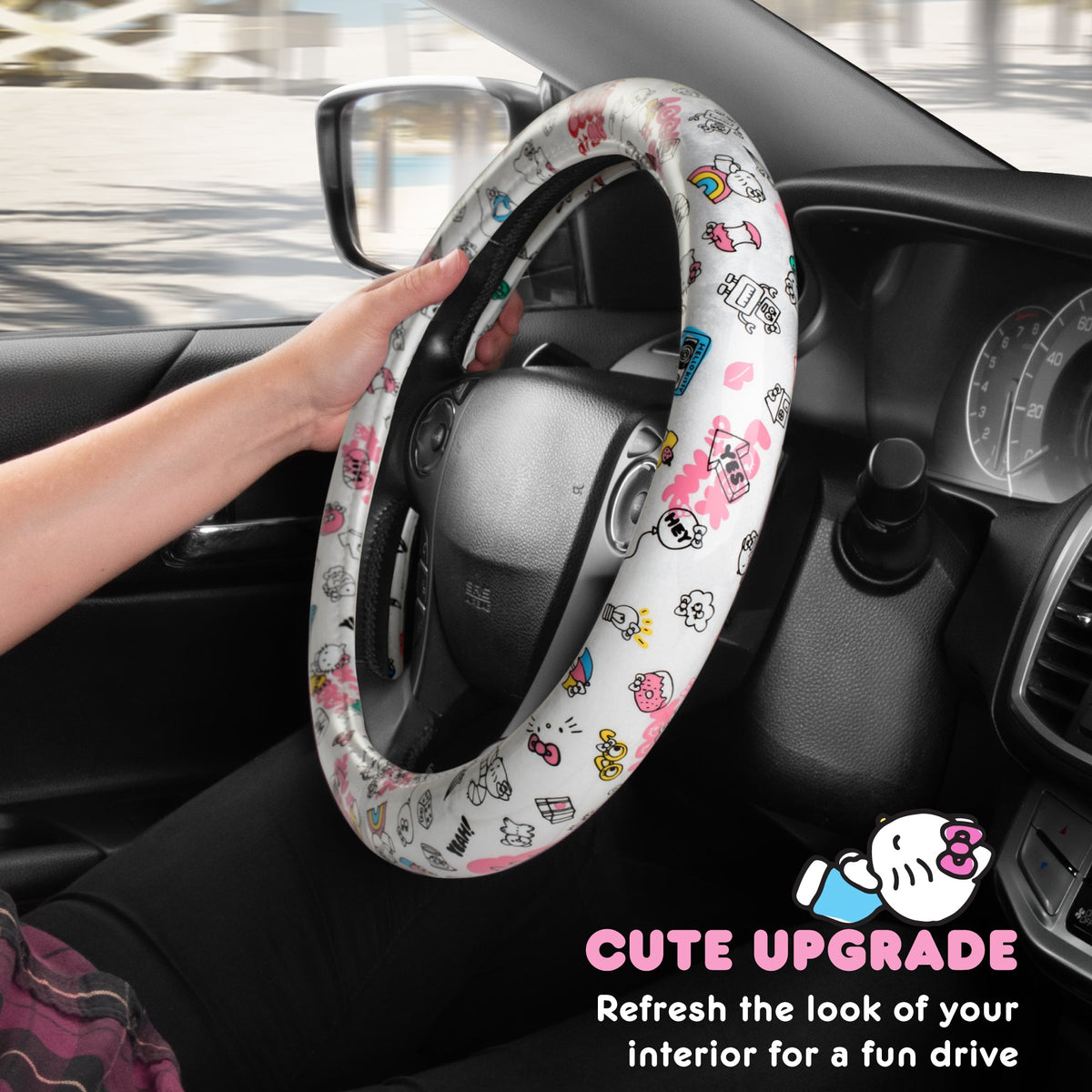 Hello Kitty Steering Wheel Cover, Official Sanrio Car Steering Wheel Cover with Universal Size 14.5 - 15.5, Cute White Steering Wheel Cover for