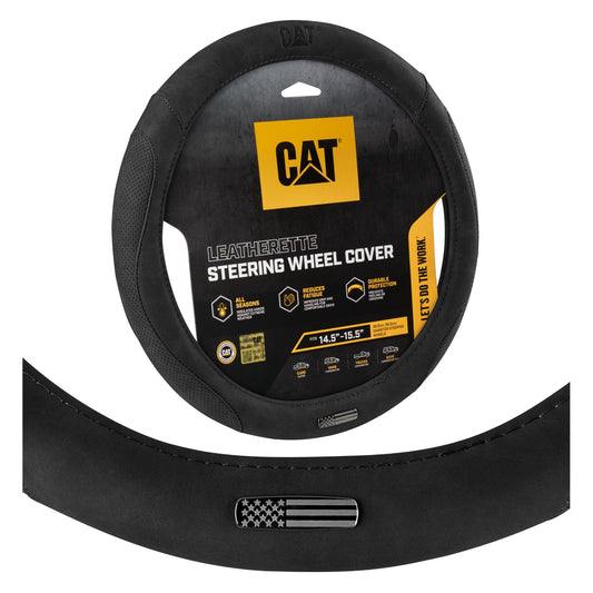 Cat® Honor Line Flux Leather Steering Wheel Cover w Metal Flag Emblem, Black Leatherette, Standard 14.5–15.5 Inch, Non Slip Comfort, Car Steering