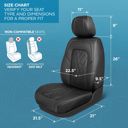MotorBox Elite Edition Faux Leather Seat Covers for Cars, Trucks, & SUV - 2 Black Car Seat Covers for Front Seats - Universal Fit Car Accessories