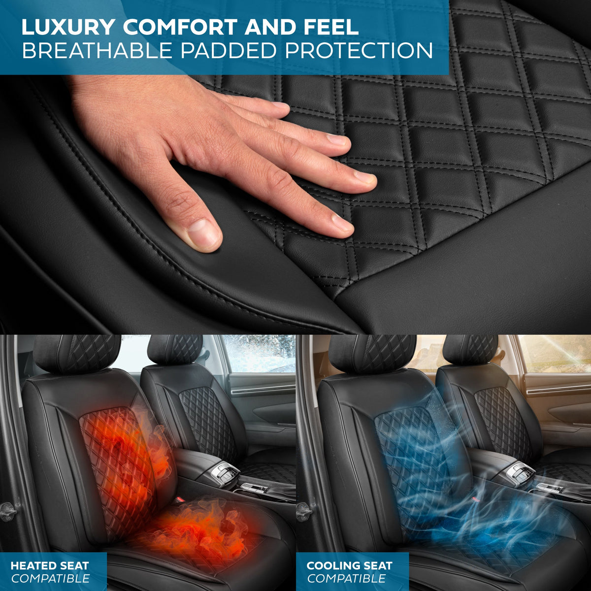 MotorBox Elite Edition Faux Leather Seat Covers for Cars, Trucks, & SUV - 2 Black Car Seat Covers for Front Seats - Universal Fit Car Accessories