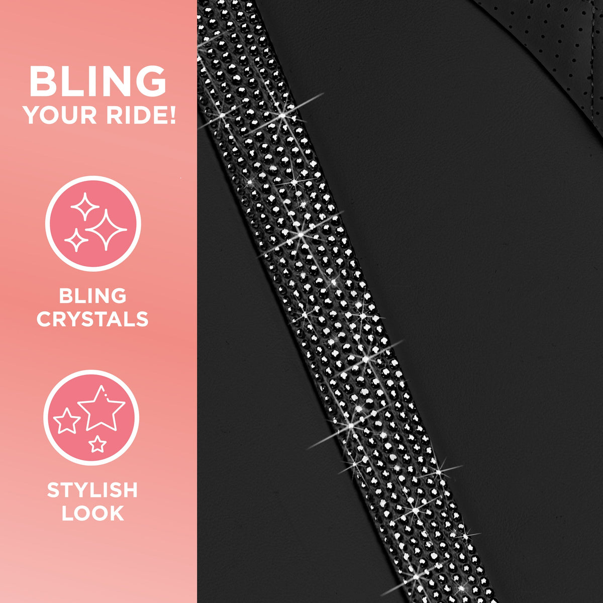 BlingStitch™ Car Seat Covers for Front Seats - Luxurious Vegan Leather Seat Covers for Cars with Black Bling Crystals, Premium Automotive Seat