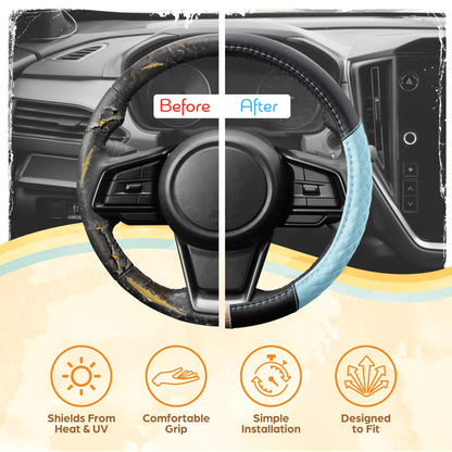 C&C California Car Steering Wheel Cover Blue Diamond Quilt, Non Slip Leather Steering Wheel Cover for Women Men, Cute Comfortable Soft Easy