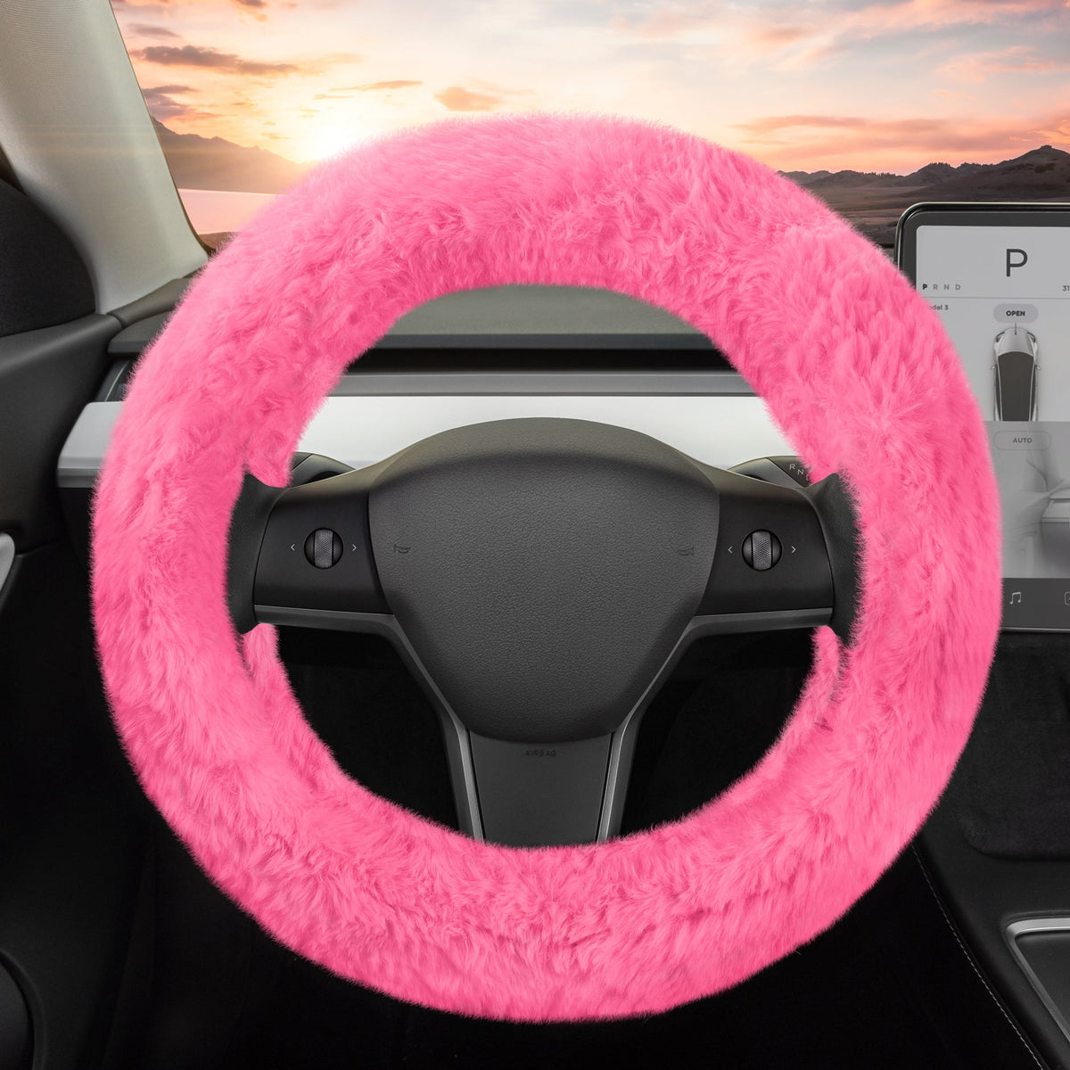 Carbella Soft Pink Fuzzy Steering Wheel Cover, Standard 15 Inch Size Fits Most Vehicles, Cute Faux Fur Car Steering Cover with Soft Fluffy Furry