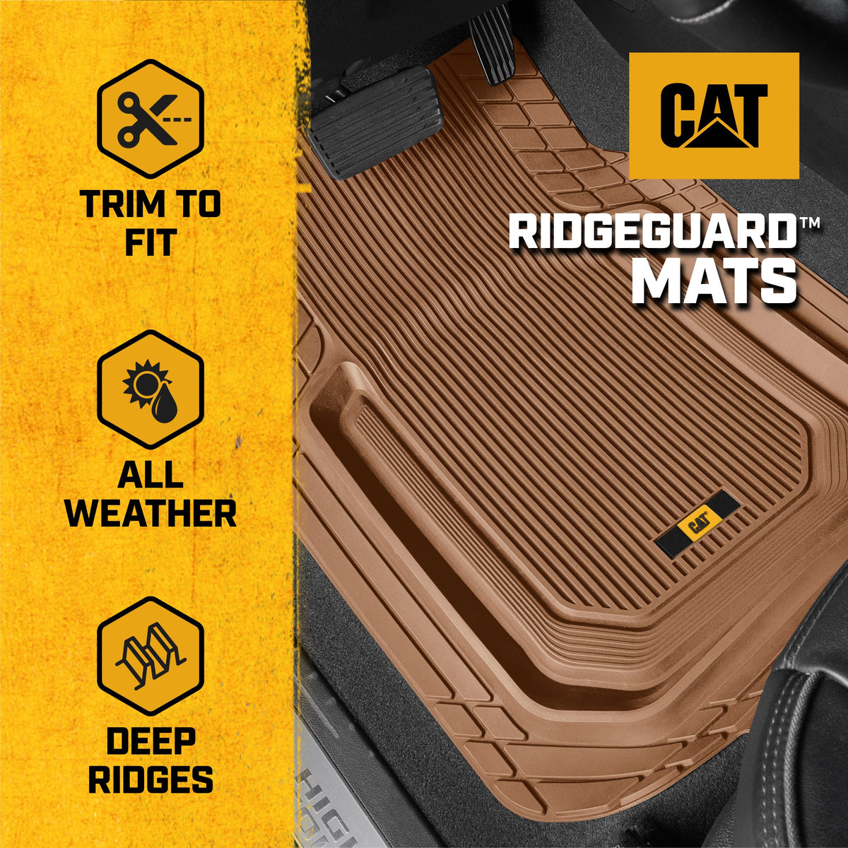 Cat® TerrainGuard™ Heavy-Duty 3-Piece All-Weather Rubber Floor Mats for Car, Truck, SUV, Van - Trim-to-Fit Deep Dish Automotive Floor Liners