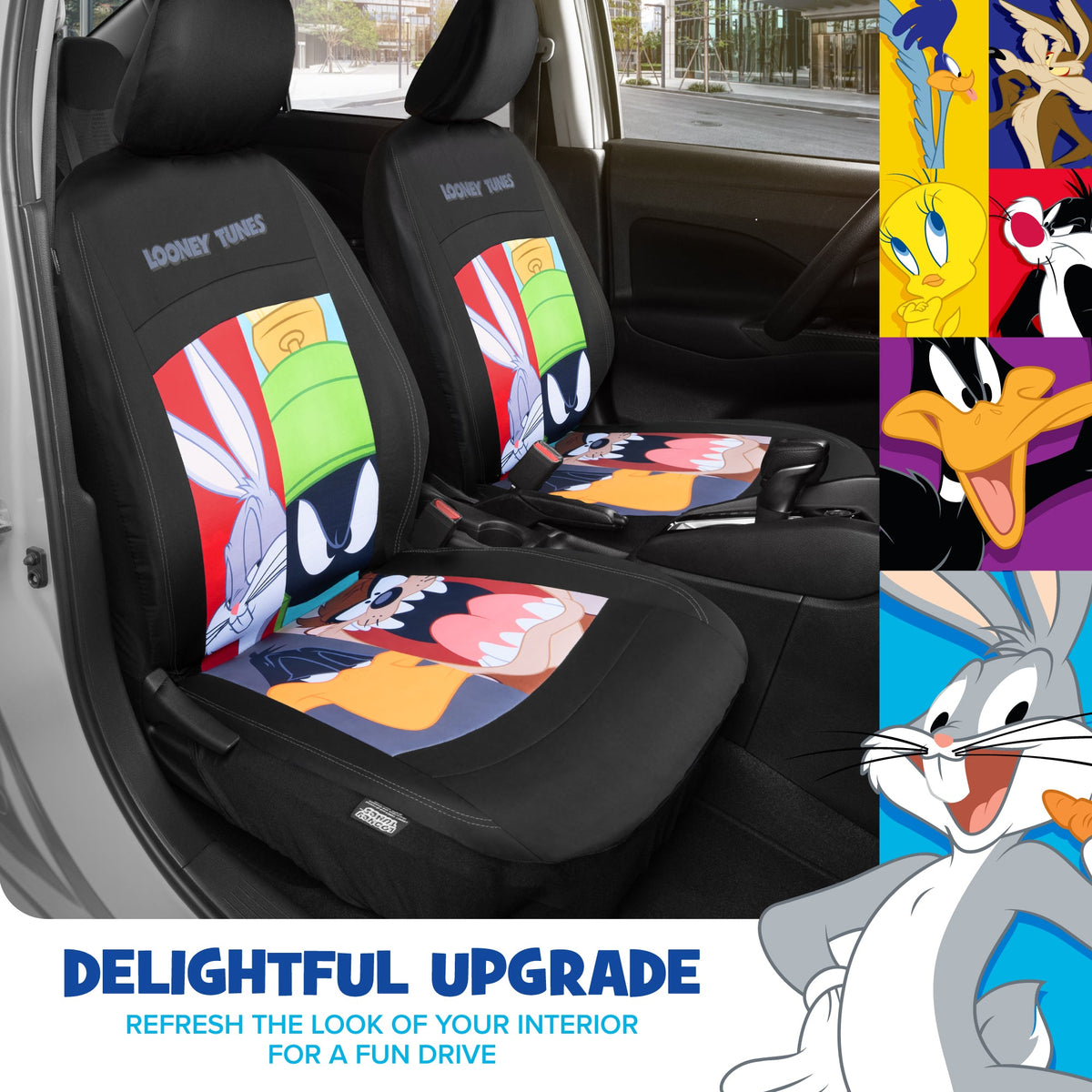 Looney Tunes Car Seat Covers – 2-Piece Front Seat Covers Featuring Bugs Bunny, Marvin the Martian, Taz & Daffy Duck – Universal Fit for Cars
