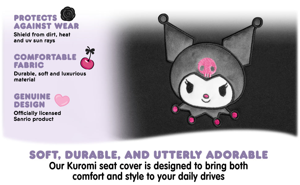 Hello Kitty Kuromi Car Seat Cover - Cute Black and Purple Front Seat Cover with Lavender Accents, Durable and Comfortable Polyester, Car