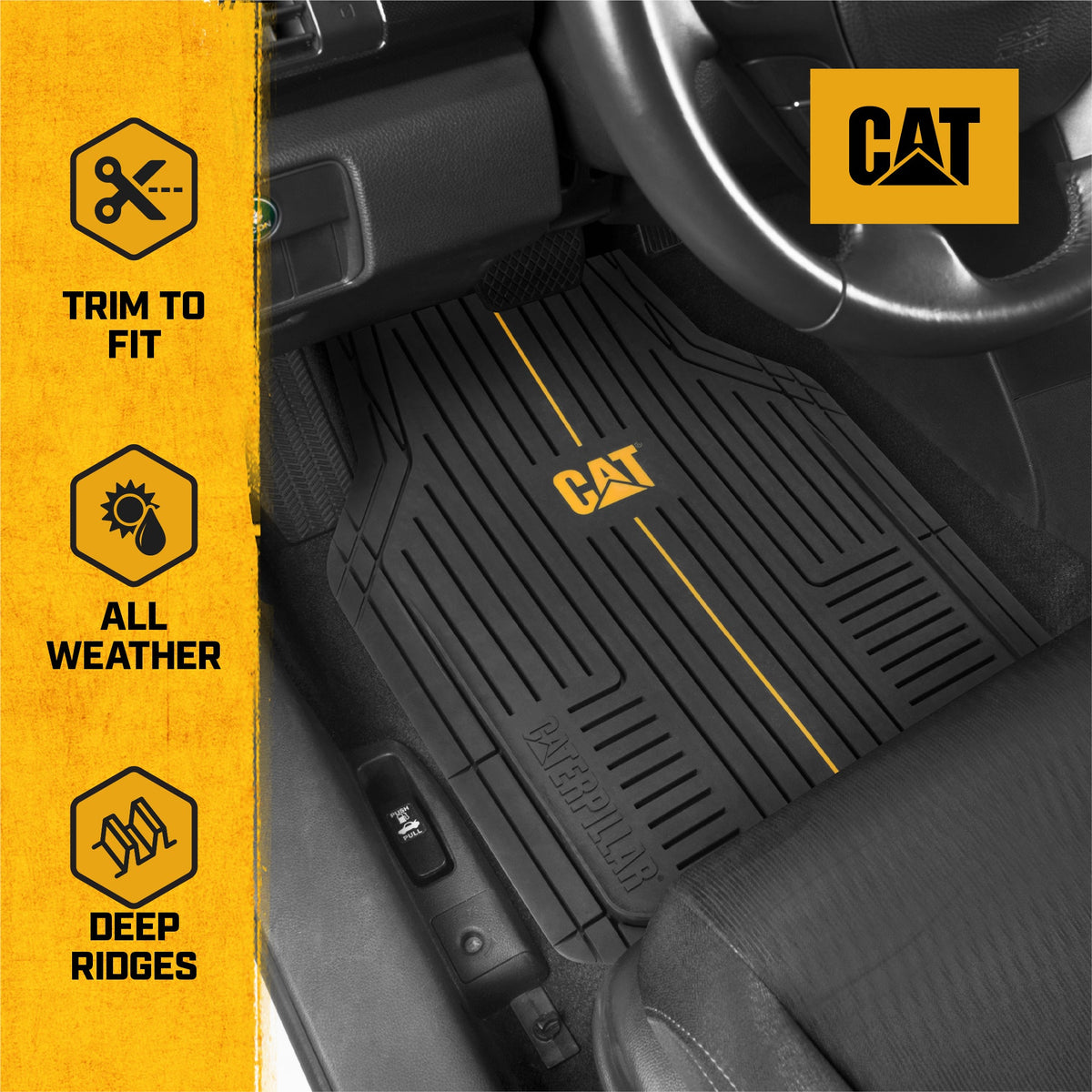 CAT® Heavy-Duty 4 Piece Black Floor Mats for Cars, Trucks & SUVs – Trim-to-Fit All-Weather Rubber Car Mats Full Set, Waterproof Interior