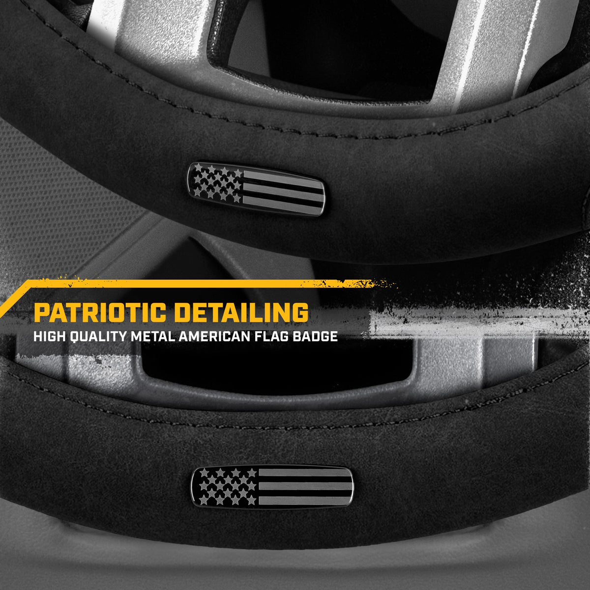 Cat® Honor Line Flux Leather Steering Wheel Cover w Metal Flag Emblem, Black Leatherette, Standard 14.5–15.5 Inch, Non Slip Comfort, Car Steering