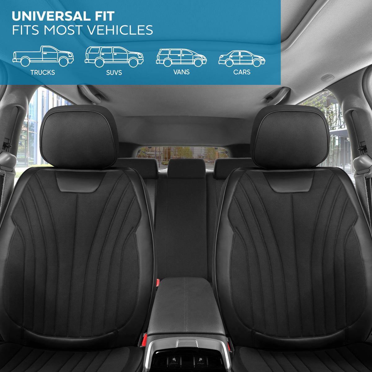MotorBox Elite Edition Faux Leather & Suede Seat Covers for Cars, Trucks, & SUV - 2 Black Car Seat Covers for Front Seats - Universal Fit Car