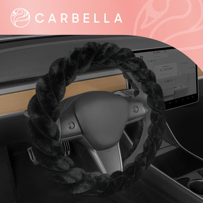 Carbella Twisted Plush Fur Steering Wheel Cover (Fits 14.5" - 15.5") - Black