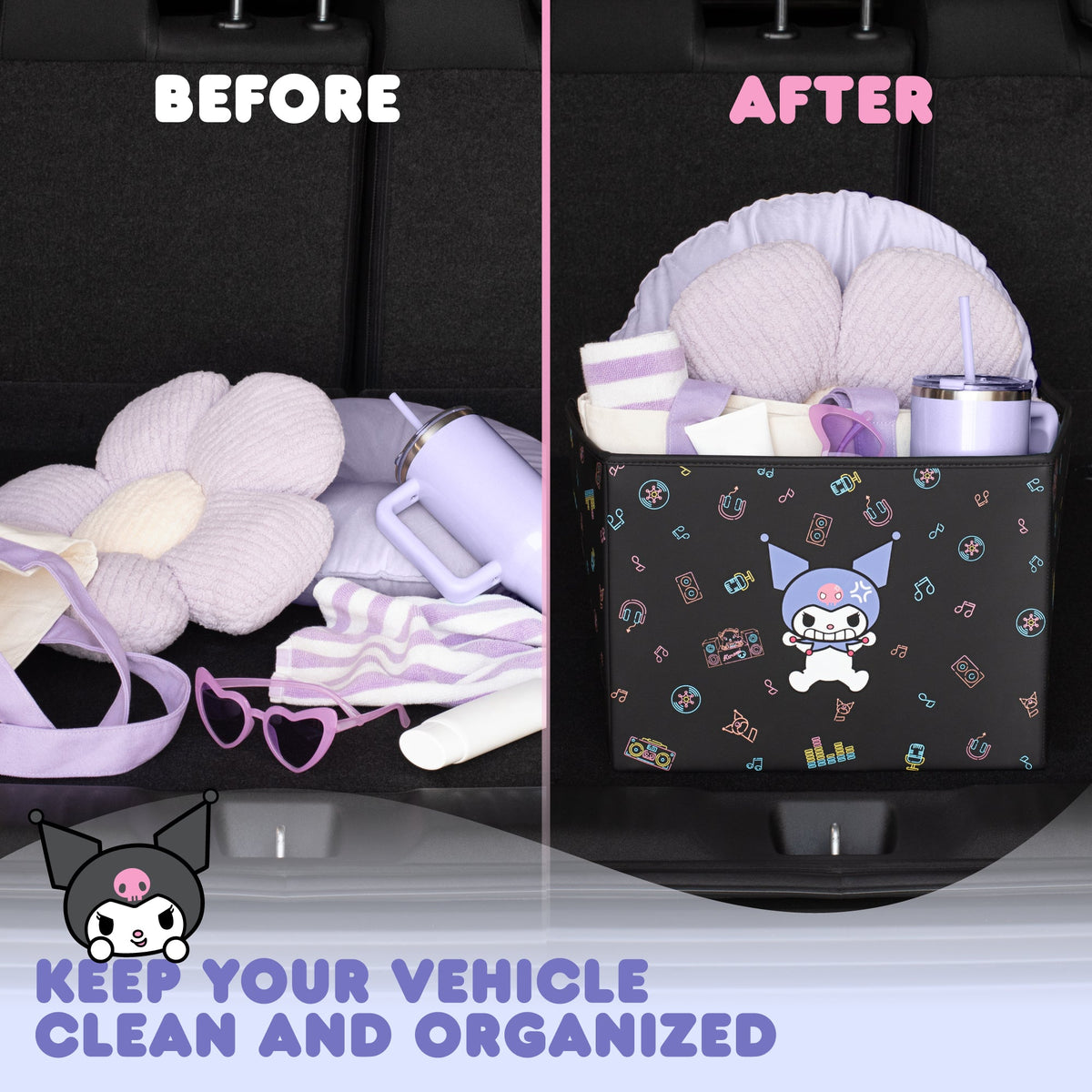 Sanrio Kuromi Car Trunk Organizer and Storage Bin - Collapsible Compartment, Heavy Duty, Fold Up for Easy Storage, Automotive Seat Cargo for