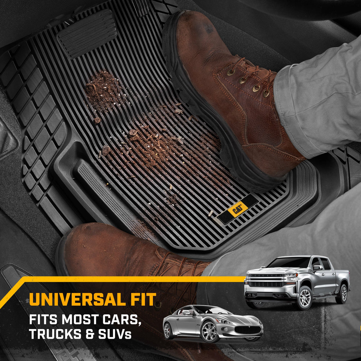 Cat® TerrainGuard™ Heavy-Duty 3-Piece All-Weather Rubber Floor Mats for Car, Truck, SUV, Van - Trim-to-Fit Deep Dish Automotive Floor Liners