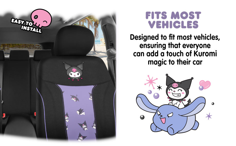 Hello Kitty Kuromi Car Seat Cover - Cute Black and Purple Front Seat Cover with Lavender Accents, Durable and Comfortable Polyester, Car